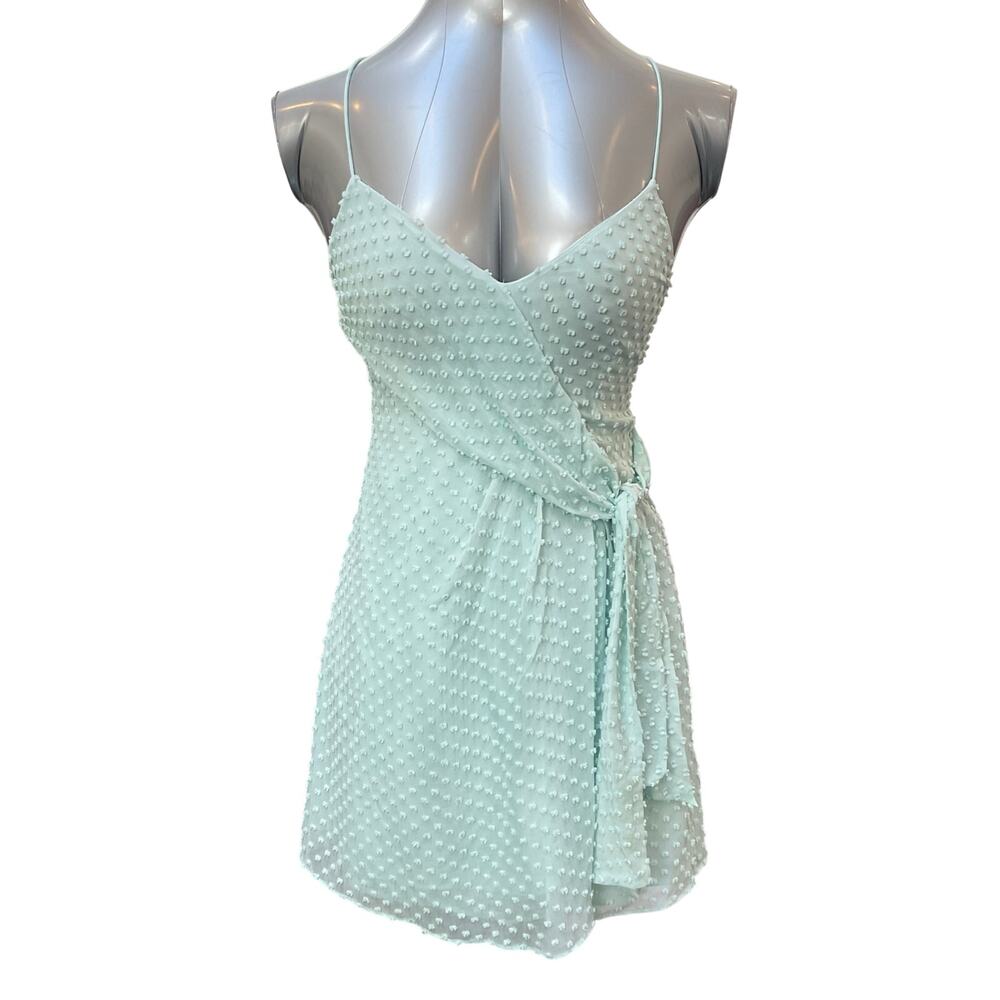 Alice + Olivia Katie Faux Wrap Dress 4 Green Silk Blend Swiss Dot Mini Flocked